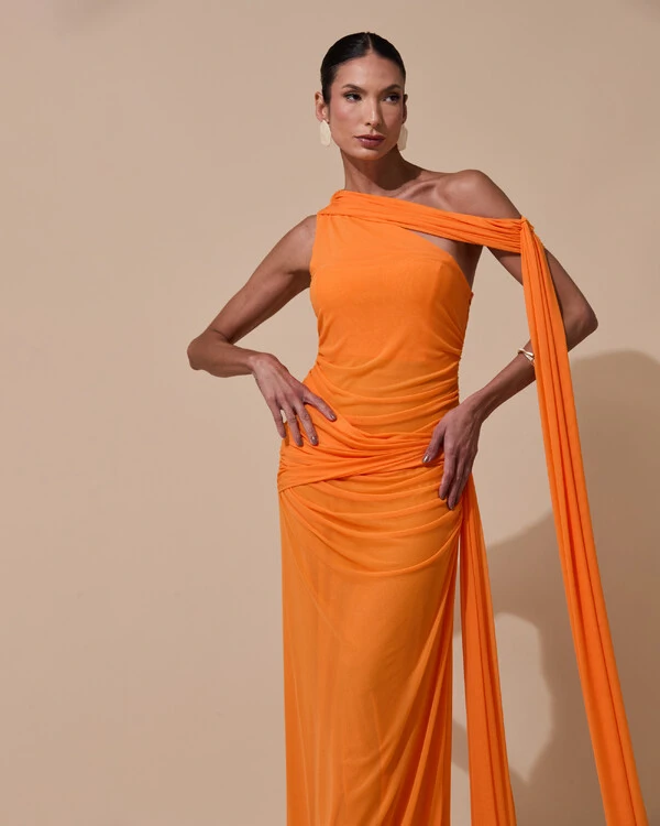 Vestido de Festa Longo Um Ombro Só Tule Faixa Drapeada Lenço Laranja New