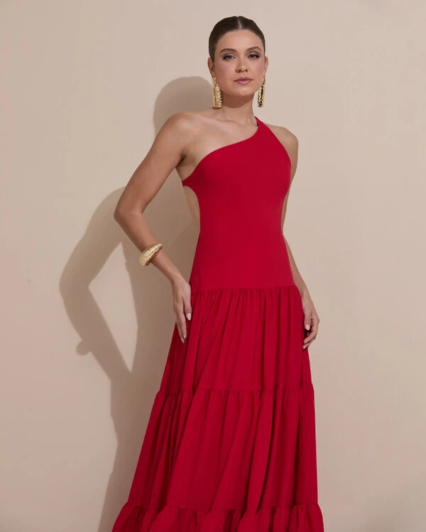 Vestido de Festa Longo Um ombro Só Crepe Chiffon Saia Fluida Vermelho