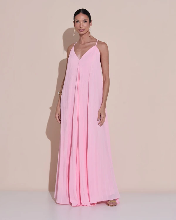 Vestido de Festa Longo Plissado Crepe Chiffon Decote V Alças Finas Rosa Claro