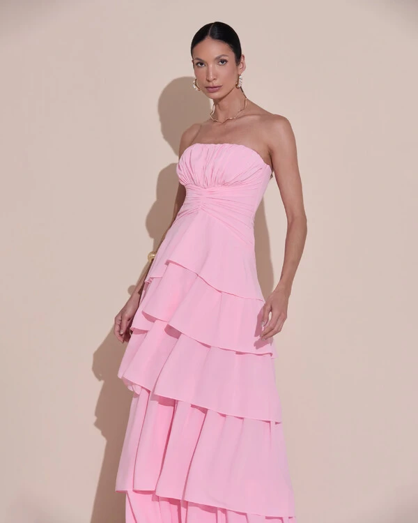 Vestido de Festa Longo Tomara que Caia Drapeado Crepe Chiffon Babados Camadas Rosa Claro