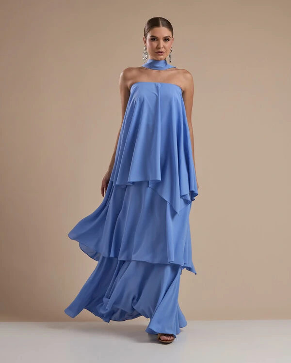 Vestido de Festa Longo Chiffon Crepe em Camadas com Lenço Azul Atlantis