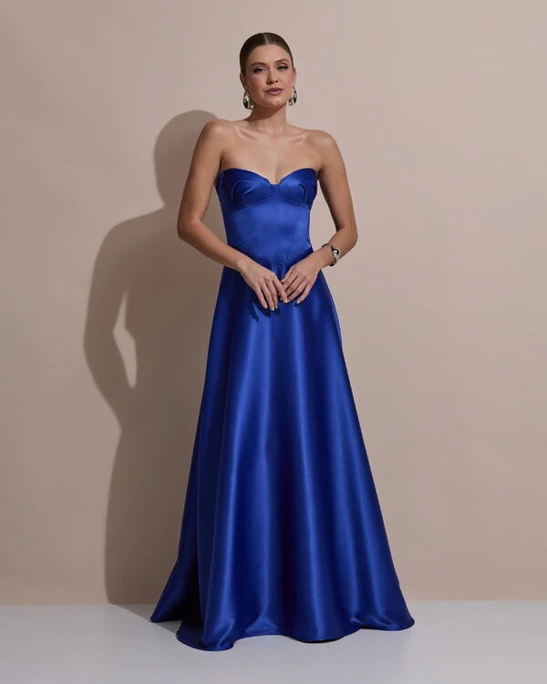 Vestido de Festa Longo Tomara que Caia Cetim Decote Coração Drapeado Azul Royal