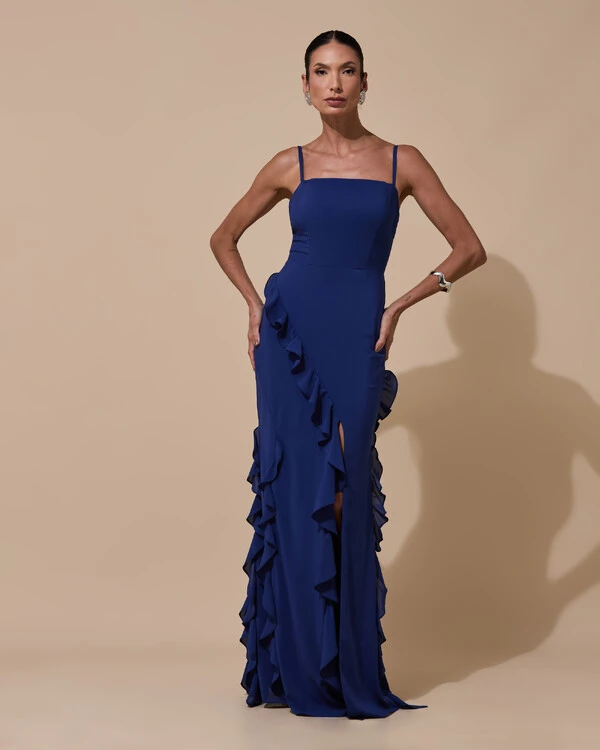 Vestido de Festa Longo Alças Finas Crepe Chiffon Babado Cascata Fenda Costas V Azul Marinho