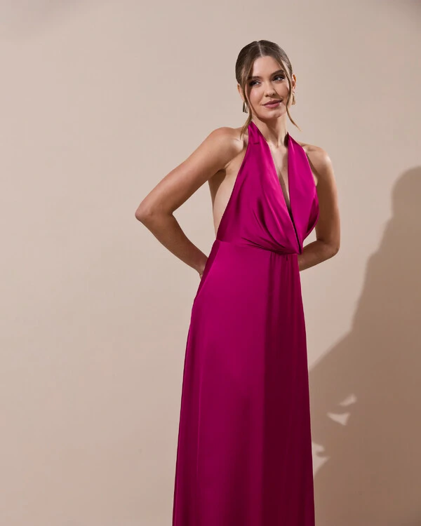 Vestido de Festa Longo Frente Única Degagê Cetim Fluido Beterraba