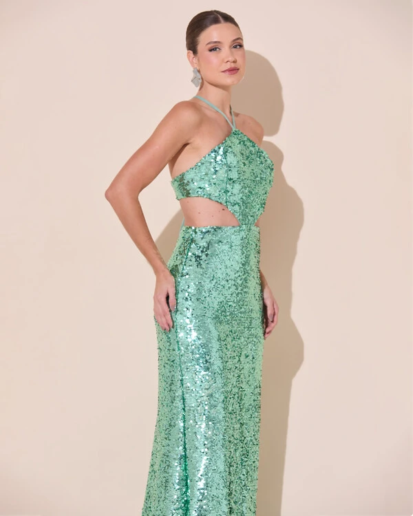 Vestido de Festa Longo Frente Única Paetê Recortes Costas Trançada Verde Menta