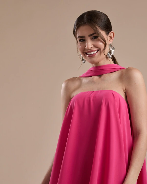 Vestido de Festa Longo Chiffon Crepe em Camadas com Lenço Pink New