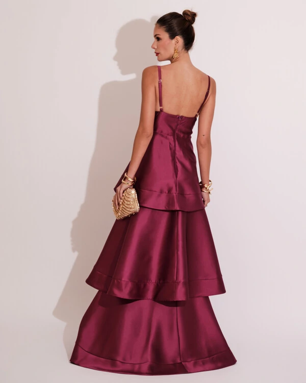 Vestido de Festa Longo Zibeline em Camadas Decote em V com Alças Fúcsia