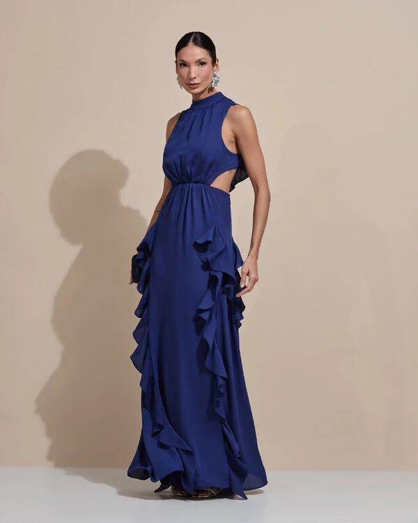 Vestido de Festa Longo Gola Alta Crepe Chiffon Recortes Babados Cascata Azul Marinho
