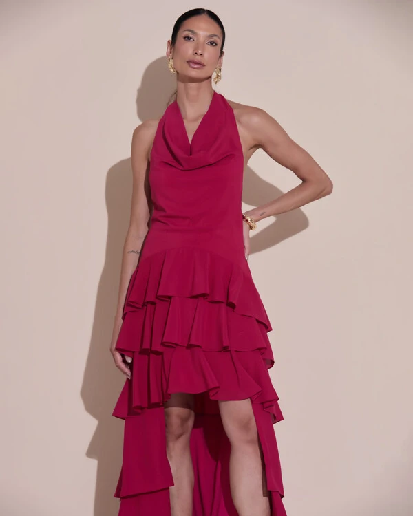 Vestido De Festa Longo Frente Única Degagê Crepe Chiffon Babados Mullet Cereja