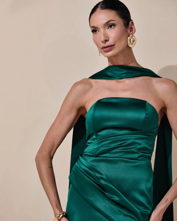 Vestido de Festa Longo Tomara que Caia Cetim Alfaiataria Drapeado Lenço Verde Escuro
