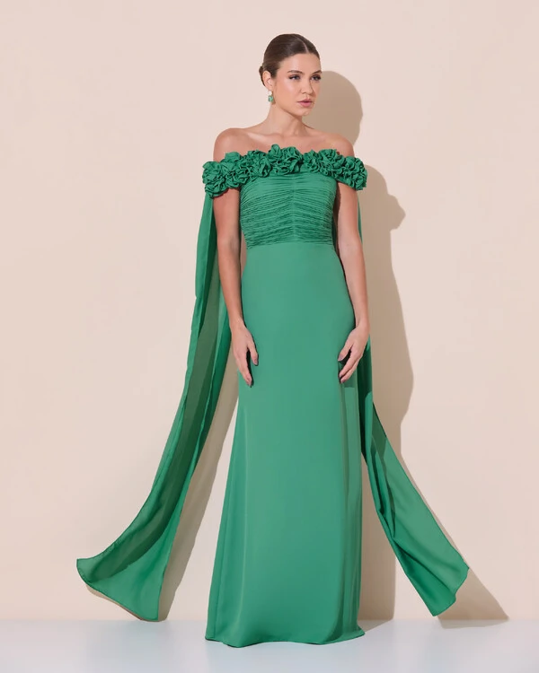 Vestido de Festa Longo Ombro a Ombro Plissado Crepe Chiffon Capa Flor 3D Verde Matcha Escuro