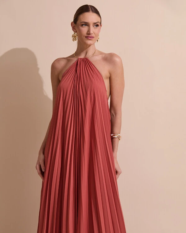 Vestido de Festa Longo Frente Única Plissado Crepe Chiffon Argola Terracota