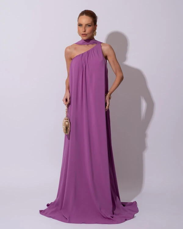 Vestido de Festa Longo Crepe Fluido um Ombro Só com Lenço Fúcsia