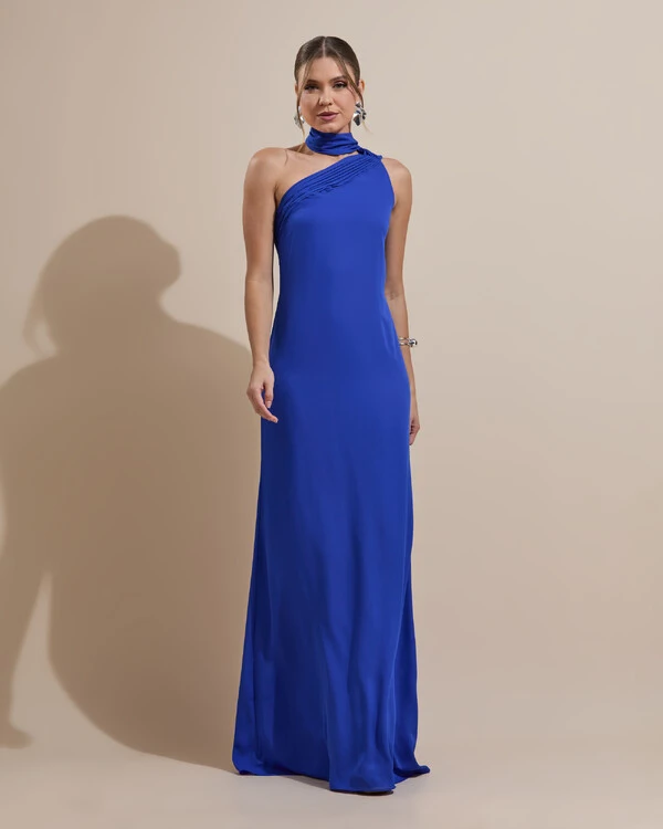 Vestido de Festa Longo Crepe Chiffon Um Ombro Só Drapeado Azul Royal