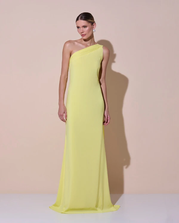 Vestido de Festa Longo Crepe Chiffon Um Ombro Só Drapeado Amarelo Manteiga