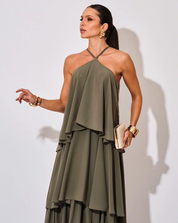 Vestido Longo Babado em Camadas Verde Oliva