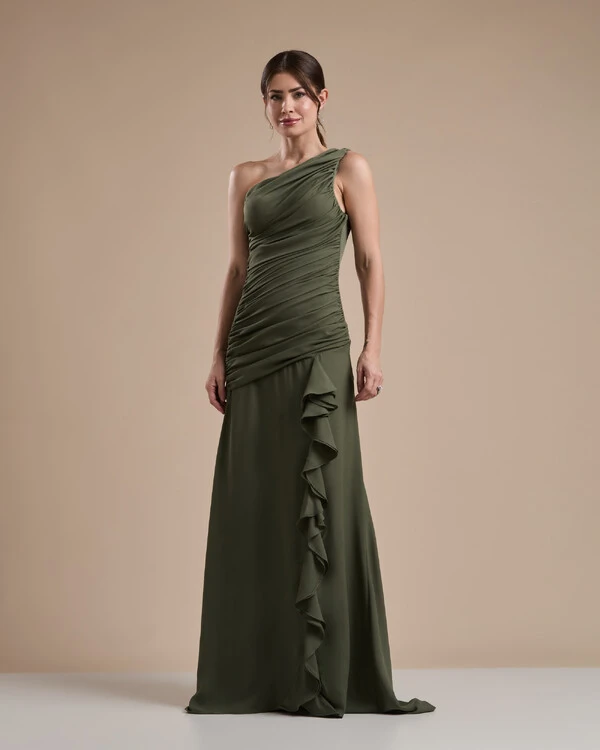 Vestido de Festa Longo Crepe Chiffon Um Ombro Só Drapeado com Babado Cascata Verde Oliva