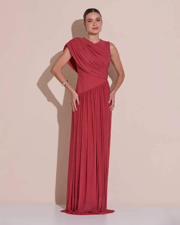Vestido de Festa Longo Capa Drapeado Tule Saia Fluida Terracota