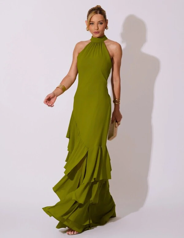 Vestido de Festa Longo Chiffon Crepe Gola Alta Babados Verde Oliva New