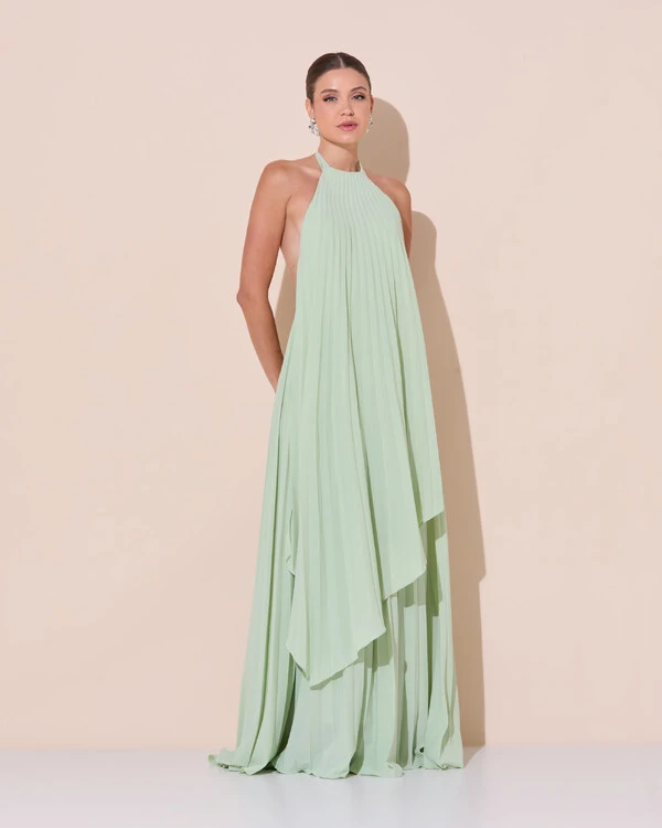 Vestidos de Festa Longo Chiffon Fluido Frente Única Plissado Duplo Verde Menta New
