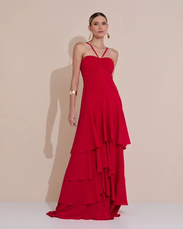 Vestido Longo Crepe com Babado em Camadas Vermelho