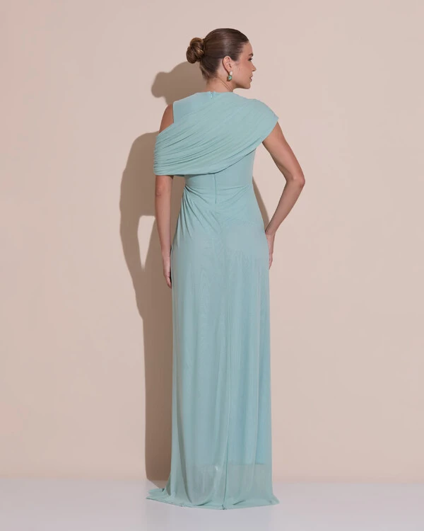 Vestido de Festa Longo Capa Drapeado Tule Saia Fluida Verde Menta