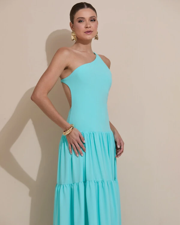 Vestido de Festa Longo Um ombro Só Crepe Chiffon Saia Fluida Tiffany