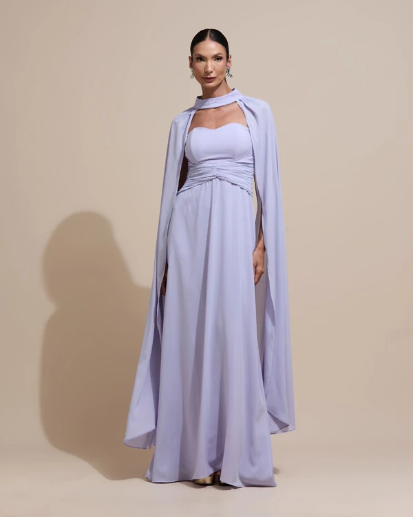 Vestido de Festa Longo Tomara Que Caia Crepe Chiffon Drapeado Capa Lilás Claro