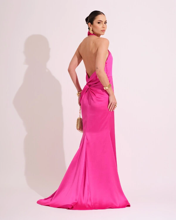 Vestido de Festa Longo em Cetim Alfaiataria com Elastano Frente Única Pink