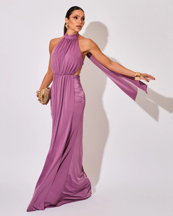 Vestido de Festa Longo Malha Jersey Gola Alta Saia Sereia Lilás