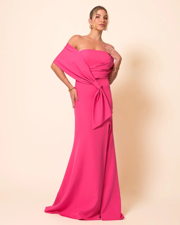 Vestido de Festa Longo Alfaiataria Ombro a Ombro Laço e Fenda Pink