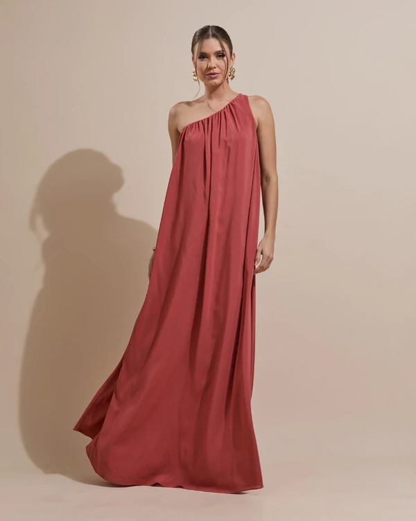 Vestido de Festa Longo Crepe Fluido um Ombro Só com Lenço Terracota