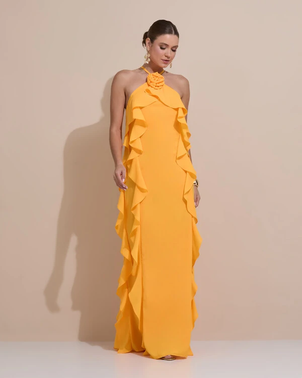 Vestido de Festa Longo Crepe Chiffon Frente Única Babados Cascata e Flor Laranja Manga New