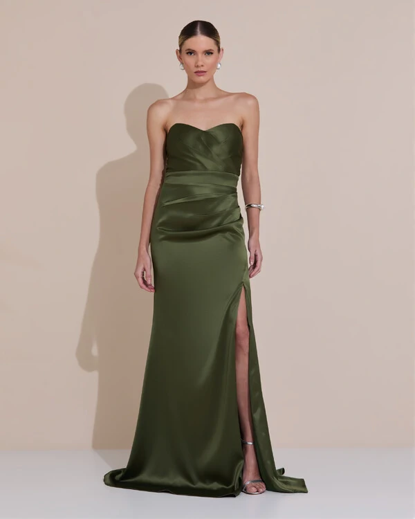 Vestido de Festa Longo Cetim Alfaiataria Tomara que Caia Fenda Verde Oliva