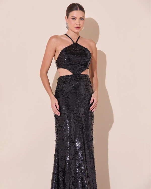 Vestido de Festa Longo Frente Única Paetê Recortes Costas Trançada Preto