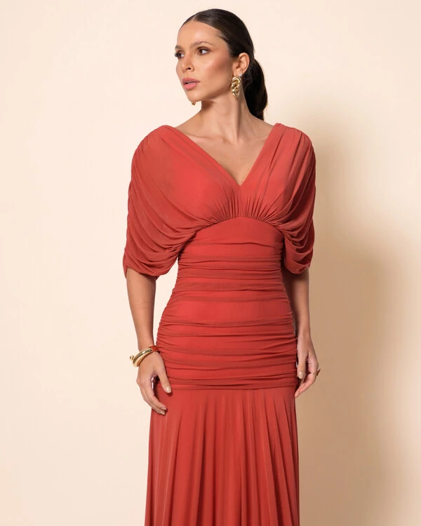 Vestido de Festa Longo Tule Manga Curta Drapeado Terracota