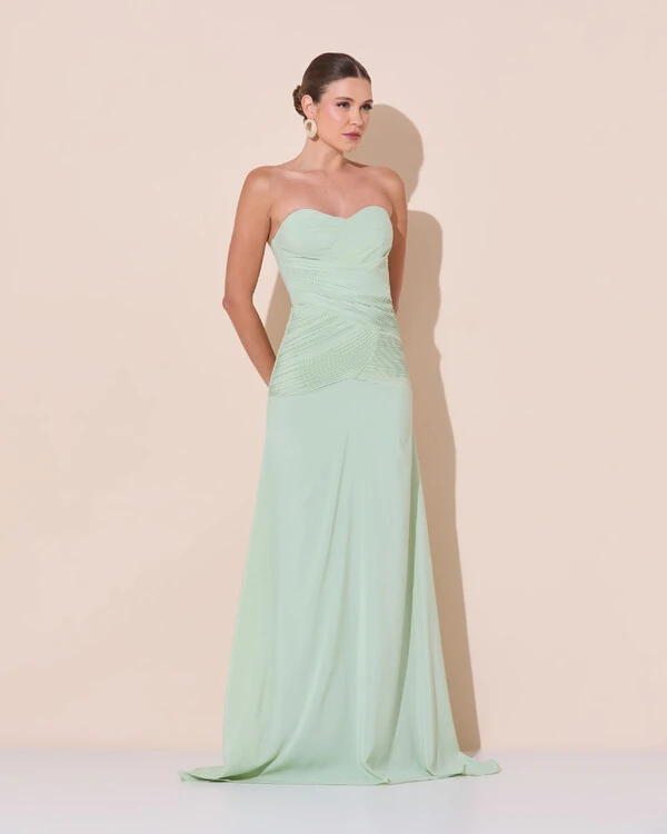 Vestido de Festa Longo Decote Coração Crepe Chiffon Drapeado Plissado Lenço Verde Menta New