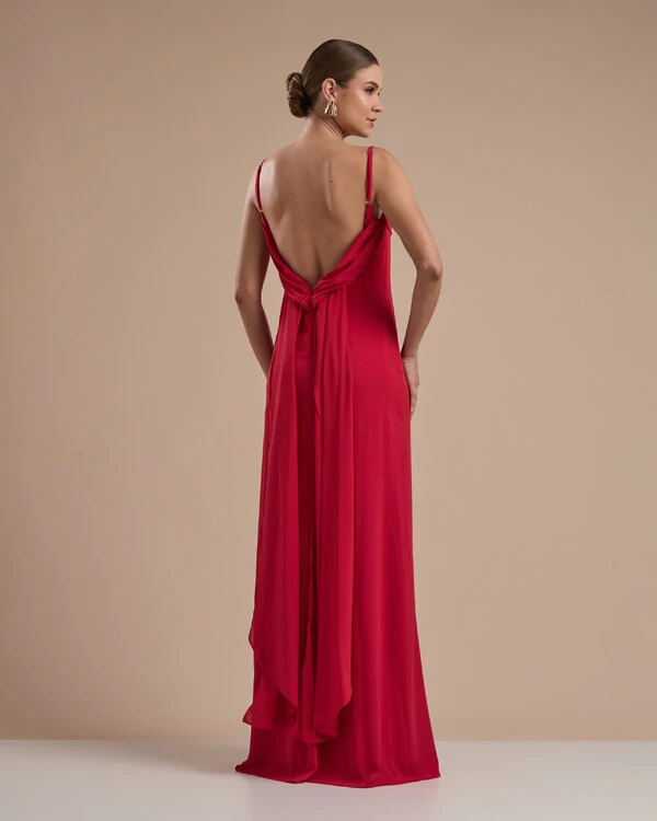 Vestido de Festa Longo Crepe Chiffon Costas Lenço Cauda Vermelho