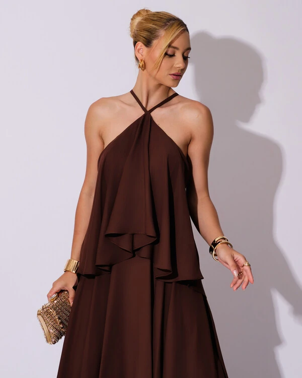 Vestido Longo Babado em Camadas Marrom