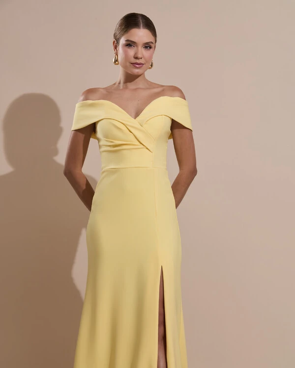 Vestido de Festa Longo Alfaiataria Ombro a Ombro com Fenda Amarelo Manteiga