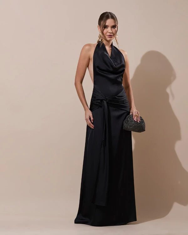 Vestido de Festa Longo Cetim Frente Única Degagê com Faixa Drapeada Preto
