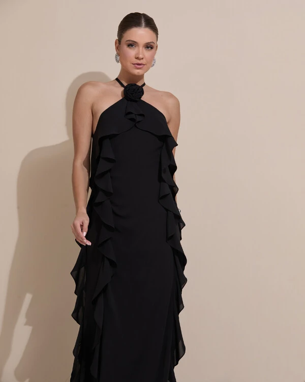 Vestido de Festa Longo Crepe Chiffon Frente Única Babados Cascata e Flor Preto