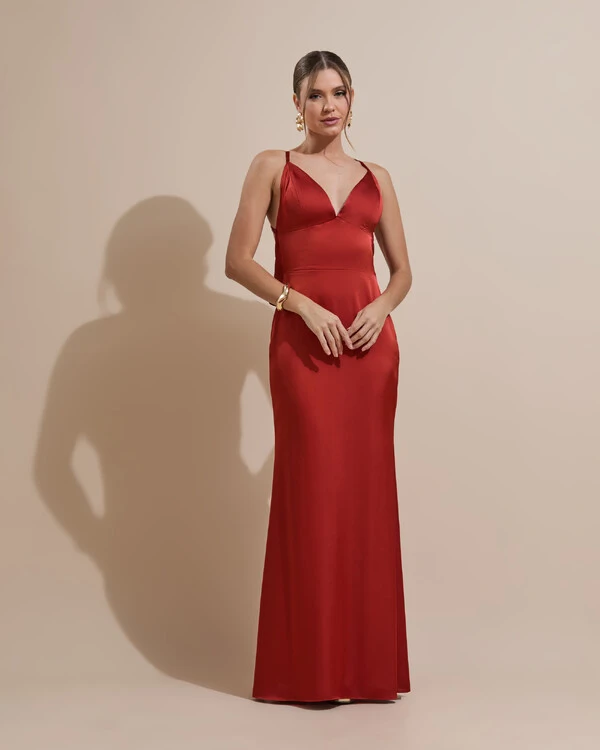 Vestido de Festa Longo Costas Abertas Laço Cetim Decote V Terracota