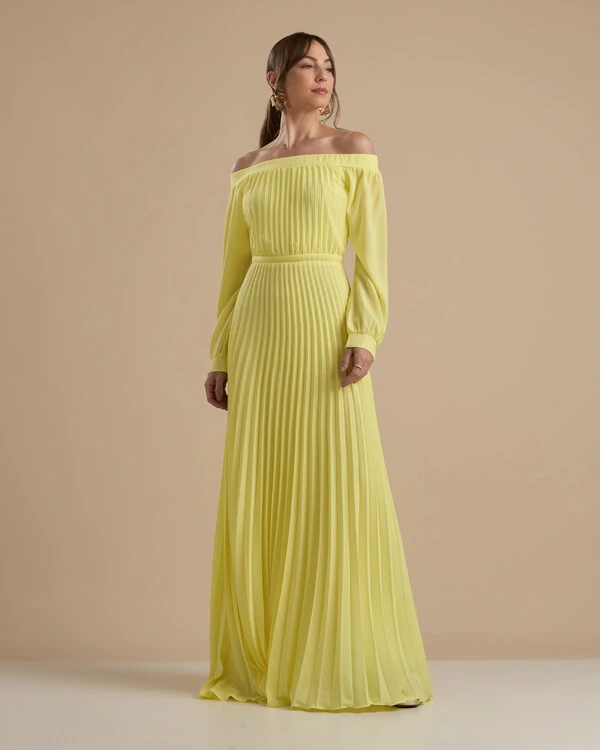 Vestido de Festa Longo Crepe Chiffon Plissado Ombro a Ombro Amarelo Manteiga
