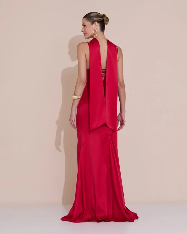 Vestido de Festa Longo Decote Coração Cetim Alfaiataria Trançado Costas Lenço Vermelho