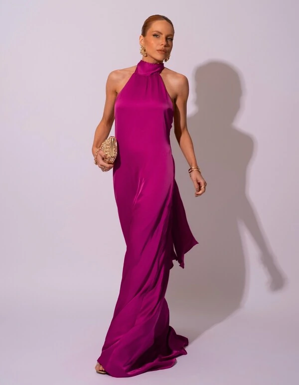 Vestido de Festa Gola Alta com Decote nas Costas Acetinado Fúcsia Beterraba