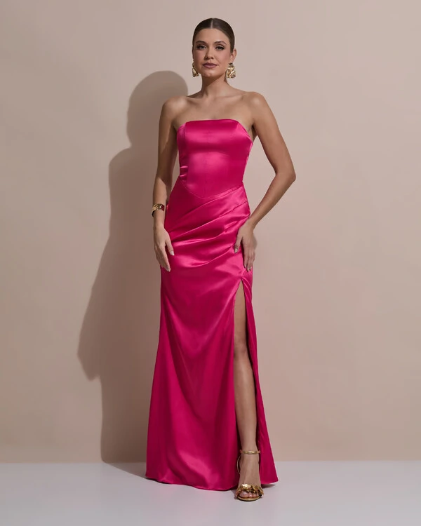 Vestido De Festa Longo Tomara Que Caia Drapeado Cetim Alfaiataria Trançado Costas Pink