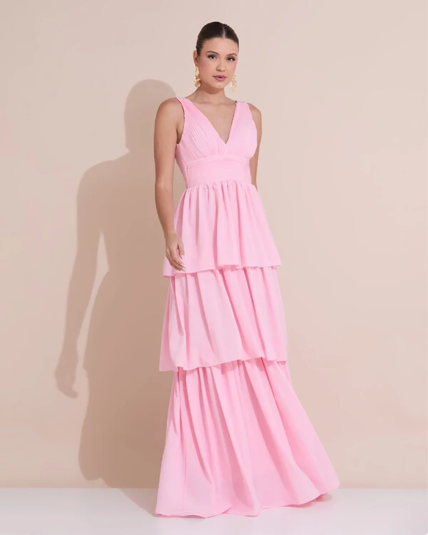 Vestido de Festa Longo Decote V Crepe Chiffon Plissado Camadas Babado Rosa Claro