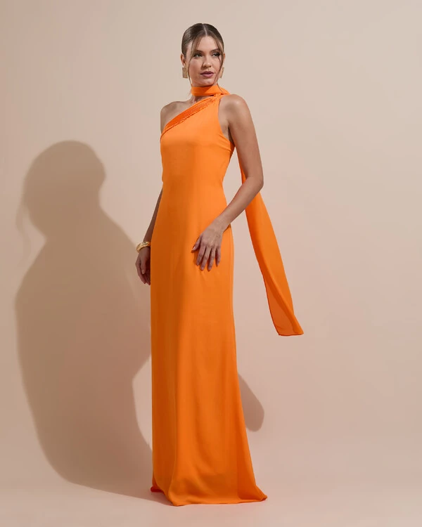 Vestido de Festa Longo Crepe Chiffon Um Ombro Só Drapeado Laranja