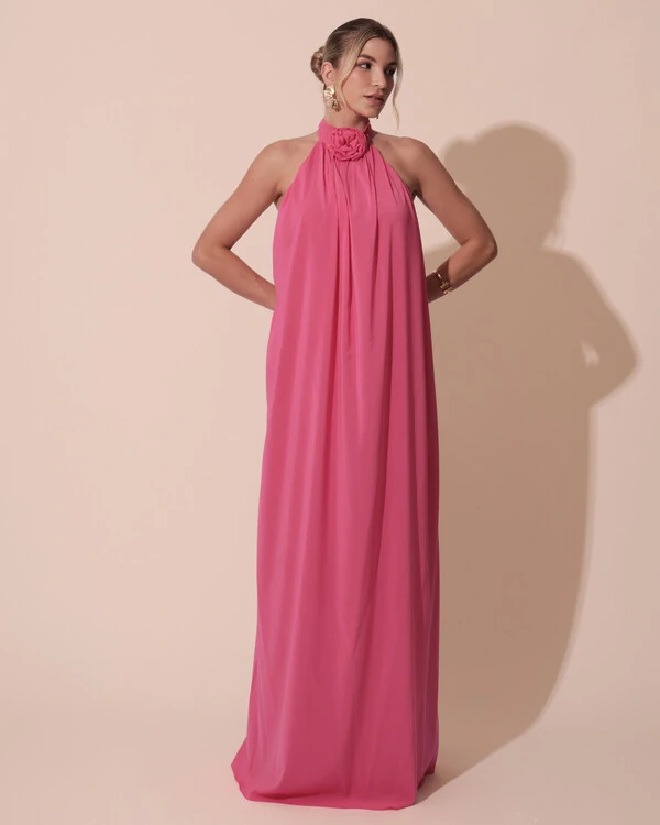 Vestido Longo Crepe Chiffon Frente Única Fluido Flor Removível Pink Claro